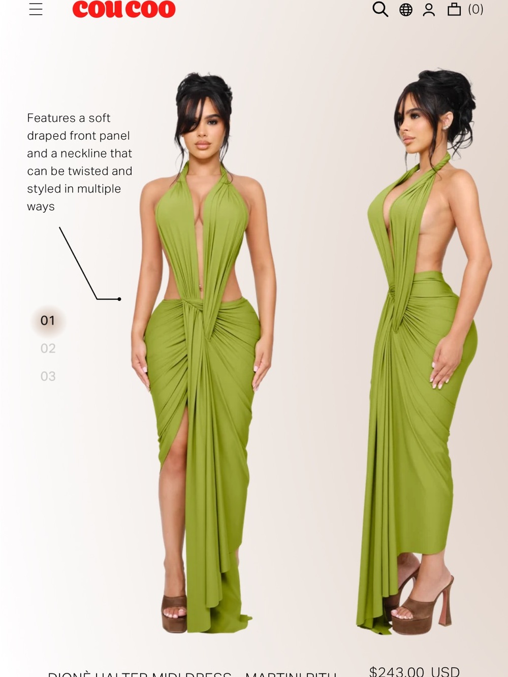CouCou One-Shoulder Olive Green Twist Halter Midi Dress